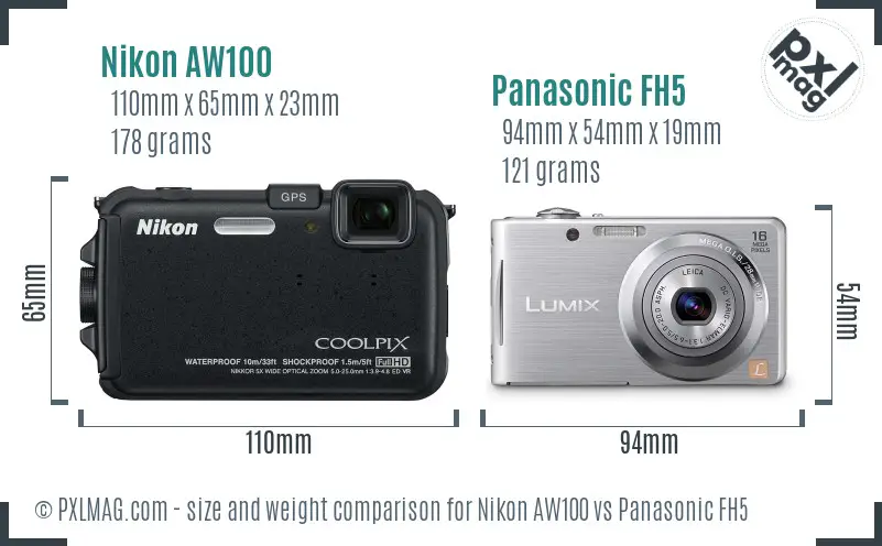 Nikon AW100 vs Panasonic FH5 size comparison