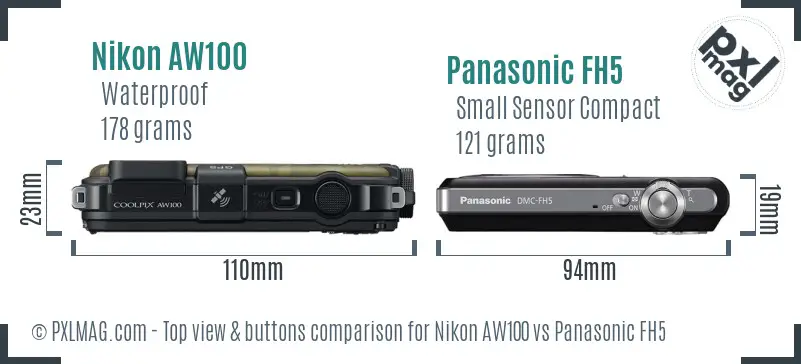 Nikon AW100 vs Panasonic FH5 top view buttons comparison