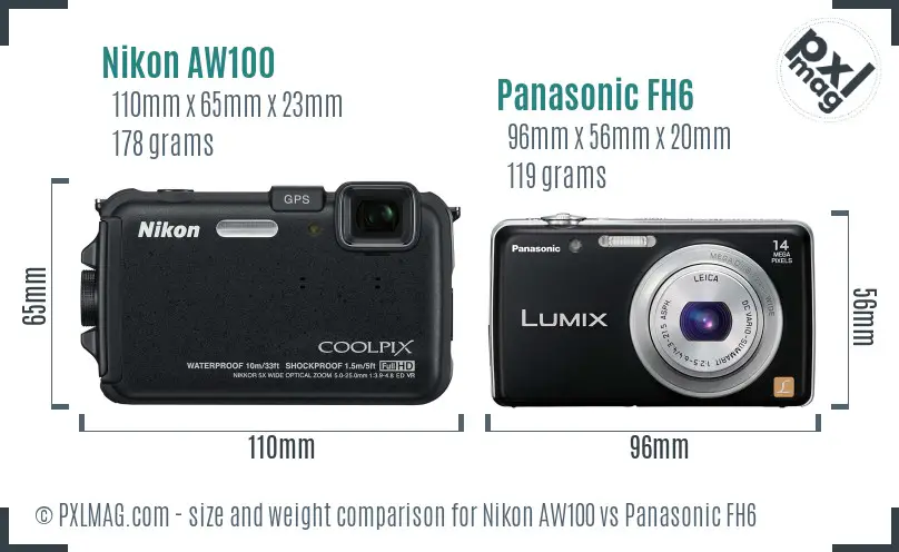 Nikon AW100 vs Panasonic FH6 size comparison