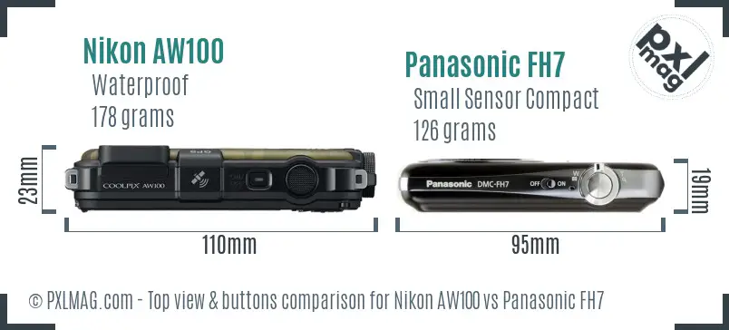 Nikon AW100 vs Panasonic FH7 top view buttons comparison