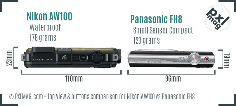 Nikon AW100 vs Panasonic FH8 top view buttons comparison Nikon AW100 vs Panasonic FH8 top view buttons comparison