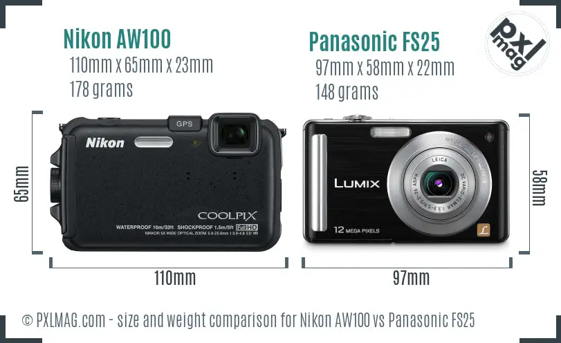 Nikon AW100 vs Panasonic FS25 size comparison Nikon AW100 vs Panasonic FS25 size comparison