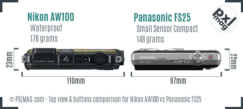 Nikon AW100 vs Panasonic FS25 top view buttons comparison Nikon AW100 vs Panasonic FS25 top view buttons comparison