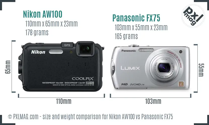 Nikon AW100 vs Panasonic FX75 size comparison