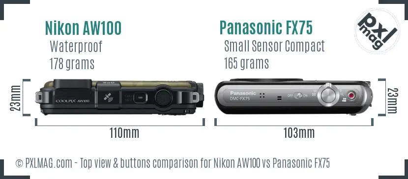 Nikon AW100 vs Panasonic FX75 top view buttons comparison