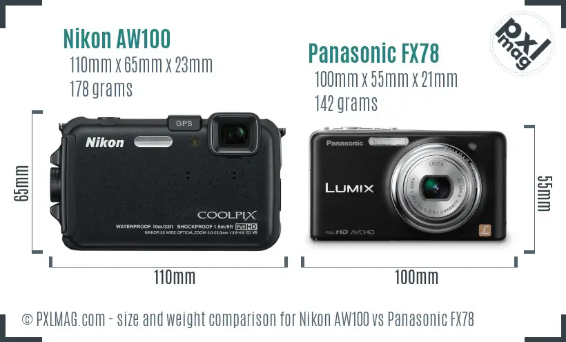 Nikon AW100 vs Panasonic FX78 size comparison