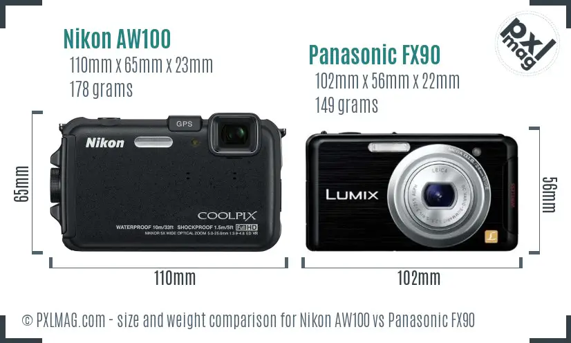Nikon AW100 vs Panasonic FX90 size comparison