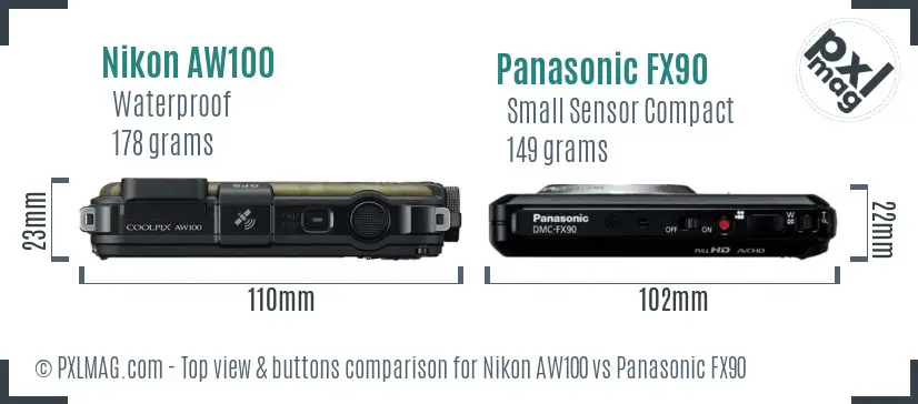 Nikon AW100 vs Panasonic FX90 top view buttons comparison
