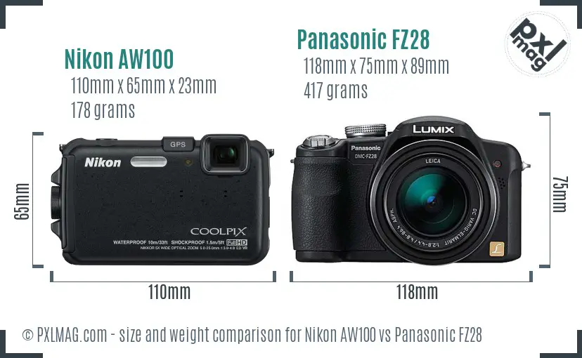 Nikon AW100 vs Panasonic FZ28 size comparison Nikon AW100 vs Panasonic FZ28 size comparison
