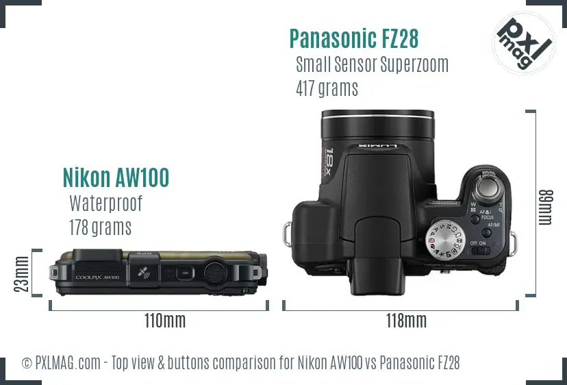 Nikon AW100 vs Panasonic FZ28 top view buttons comparison Nikon AW100 vs Panasonic FZ28 top view buttons comparison