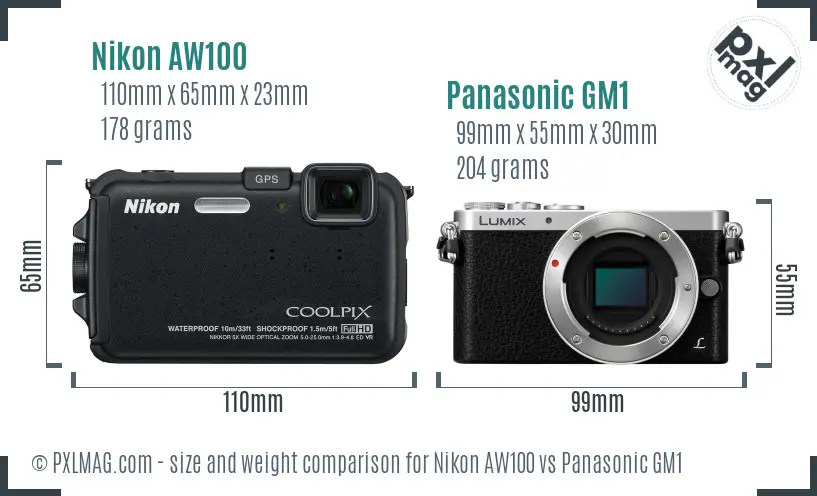 Nikon AW100 vs Panasonic GM1 size comparison
