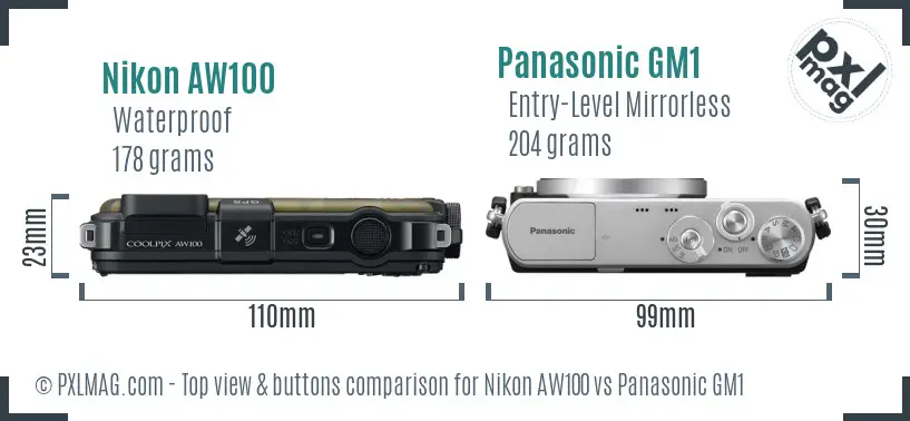 Nikon AW100 vs Panasonic GM1 top view buttons comparison