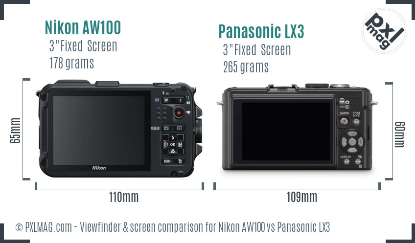Nikon AW100 vs Panasonic LX3 Screen and Viewfinder comparison