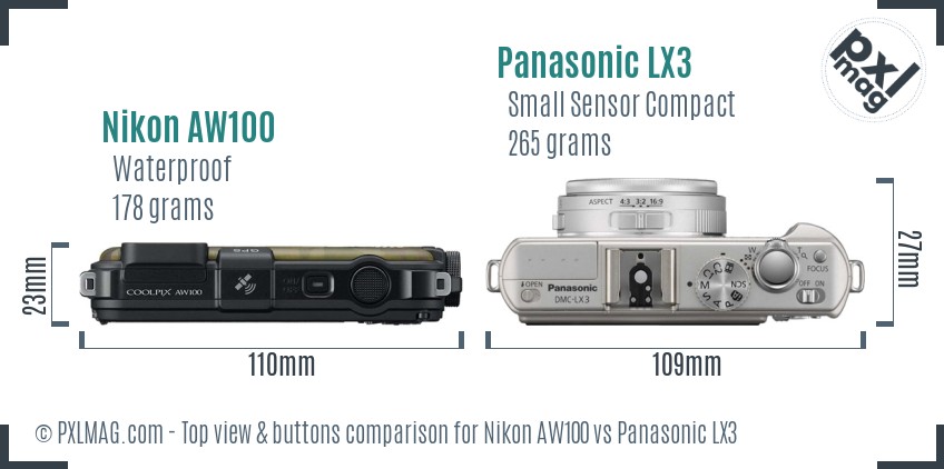 Nikon AW100 vs Panasonic LX3 top view buttons comparison