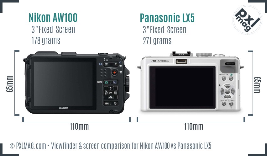 Nikon AW100 vs Panasonic LX5 Screen and Viewfinder comparison