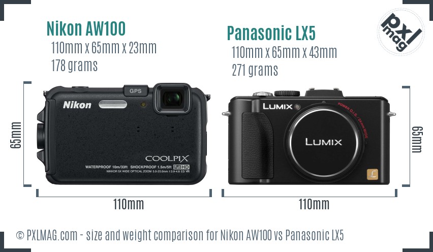 Nikon AW100 vs Panasonic LX5 size comparison