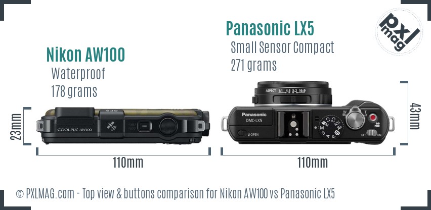 Nikon AW100 vs Panasonic LX5 top view buttons comparison