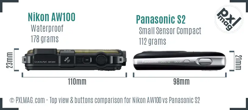 Nikon AW100 vs Panasonic S2 top view buttons comparison