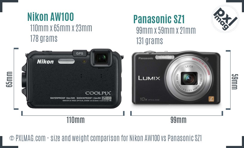 Nikon AW100 vs Panasonic SZ1 size comparison