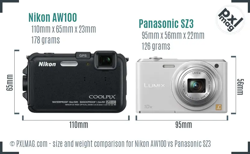 Nikon AW100 vs Panasonic SZ3 size comparison
