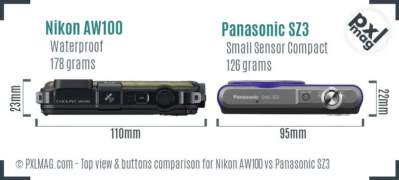 Nikon AW100 vs Panasonic SZ3 top view buttons comparison