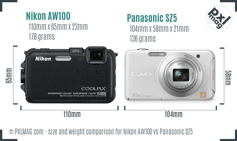 Nikon AW100 vs Panasonic SZ5 size comparison