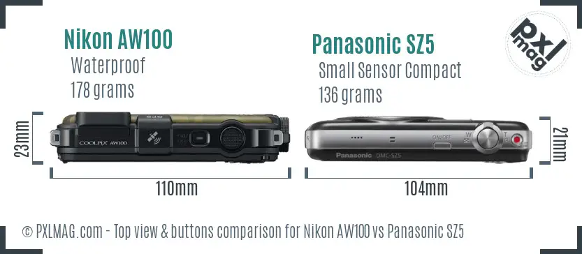 Nikon AW100 vs Panasonic SZ5 top view buttons comparison