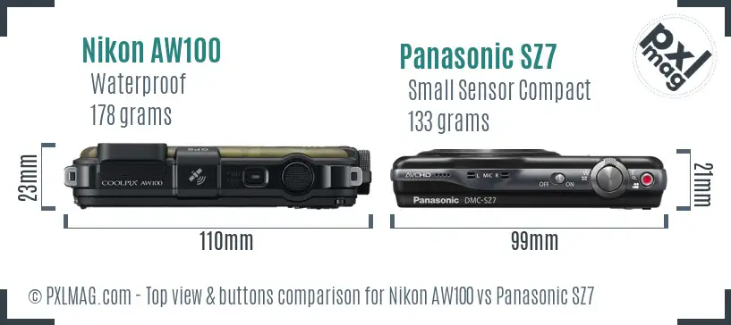 Nikon AW100 vs Panasonic SZ7 top view buttons comparison Nikon AW100 vs Panasonic SZ7 top view buttons comparison