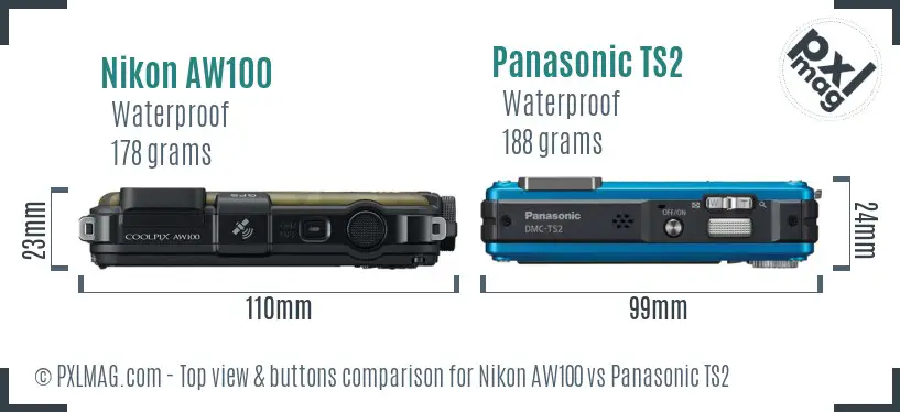 Nikon AW100 vs Panasonic TS2 top view buttons comparison