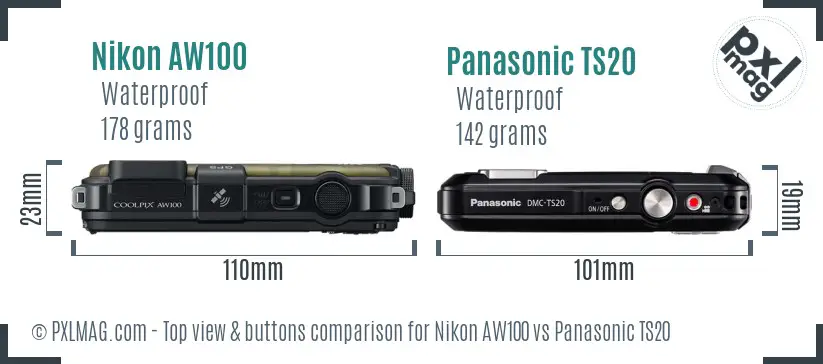 Nikon AW100 vs Panasonic TS20 top view buttons comparison