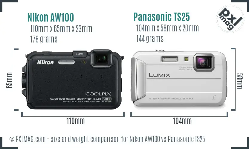 Nikon AW100 vs Panasonic TS25 size comparison