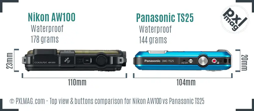 Nikon AW100 vs Panasonic TS25 top view buttons comparison