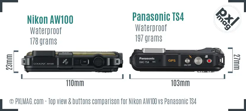 Nikon AW100 vs Panasonic TS4 top view buttons comparison