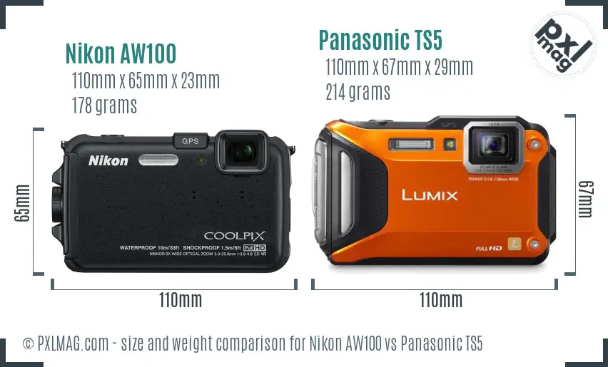 Nikon AW100 vs Panasonic TS5 size comparison