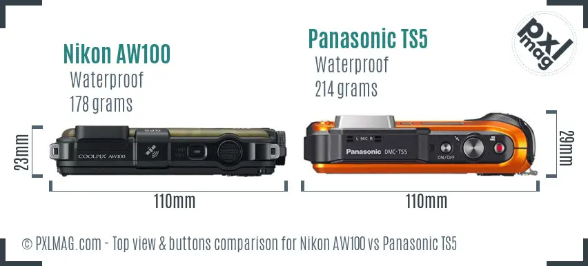 Nikon AW100 vs Panasonic TS5 top view buttons comparison