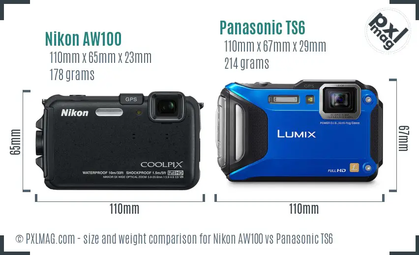 Nikon AW100 vs Panasonic TS6 size comparison