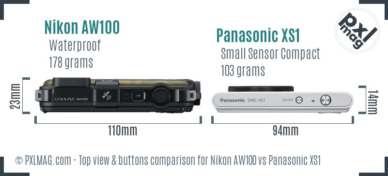 Nikon AW100 vs Panasonic XS1 top view buttons comparison