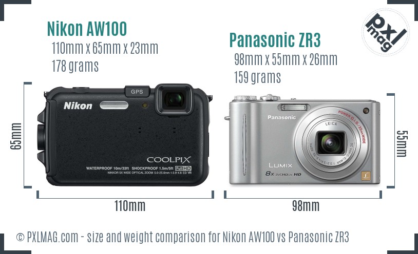Nikon AW100 vs Panasonic ZR3 size comparison