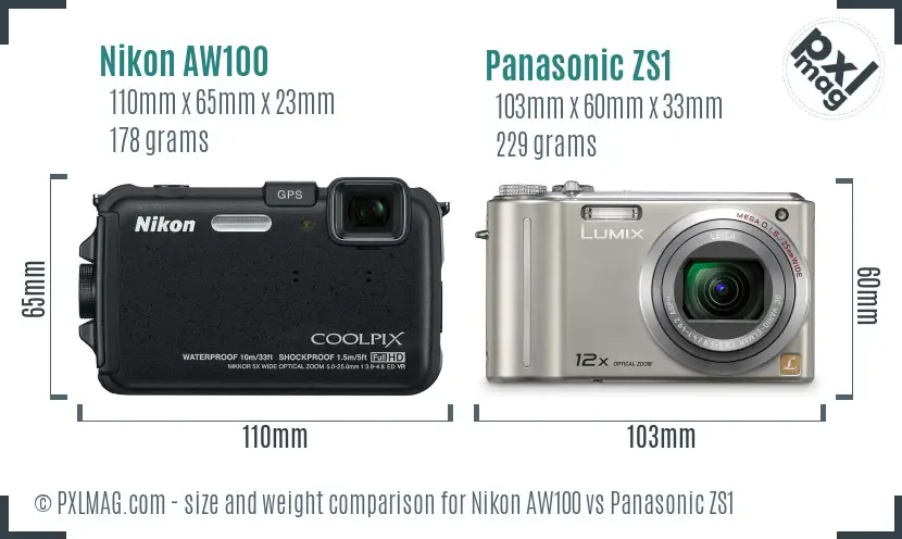 Nikon AW100 vs Panasonic ZS1 size comparison