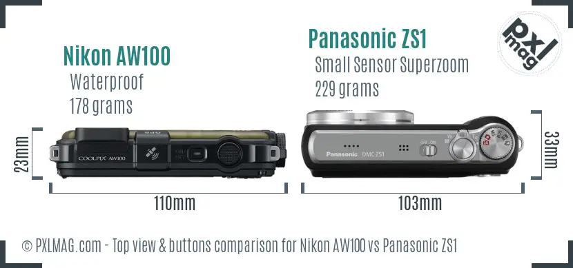 Nikon AW100 vs Panasonic ZS1 top view buttons comparison