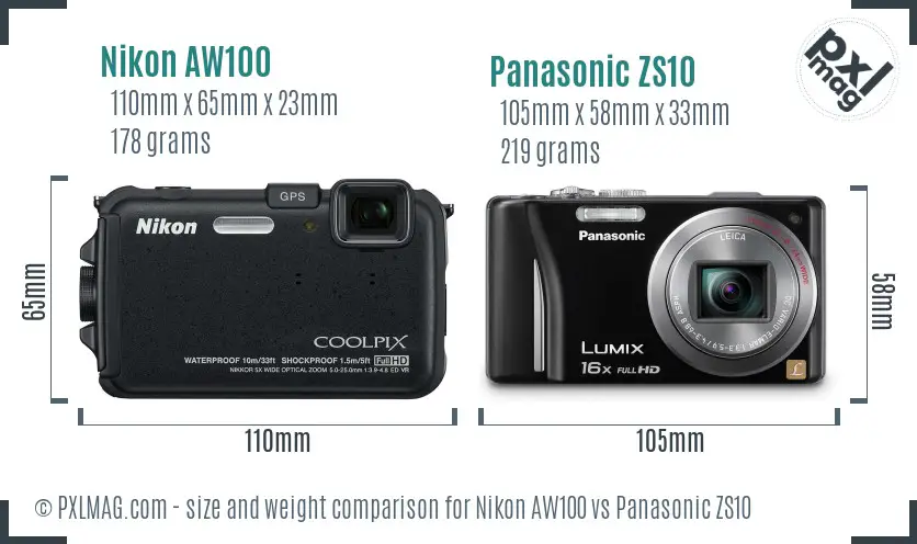 Nikon AW100 vs Panasonic ZS10 size comparison