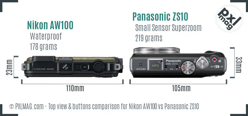 Nikon AW100 vs Panasonic ZS10 top view buttons comparison