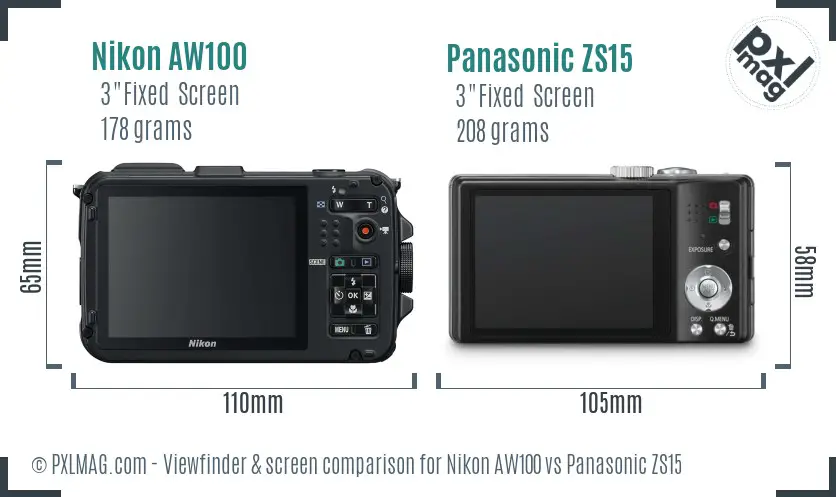 Nikon AW100 vs Panasonic ZS15 Screen and Viewfinder comparison