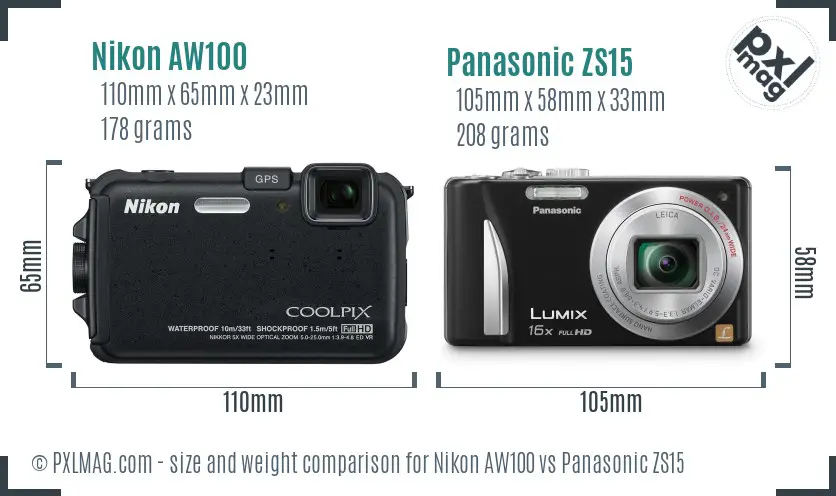 Nikon AW100 vs Panasonic ZS15 size comparison