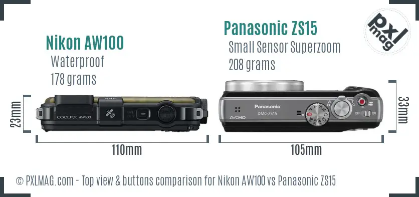 Nikon AW100 vs Panasonic ZS15 top view buttons comparison