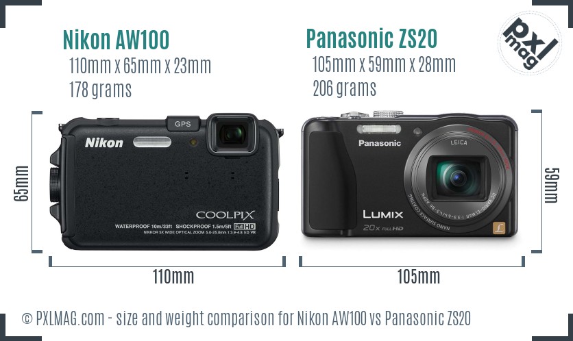 Nikon AW100 vs Panasonic ZS20 size comparison Nikon AW100 vs Panasonic ZS20 size comparison