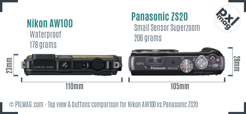 Nikon AW100 vs Panasonic ZS20 top view buttons comparison