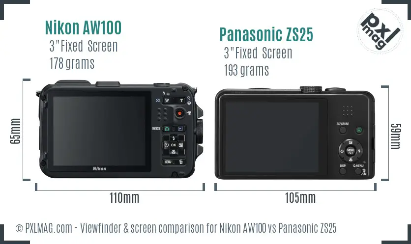 Nikon AW100 vs Panasonic ZS25 Screen and Viewfinder comparison