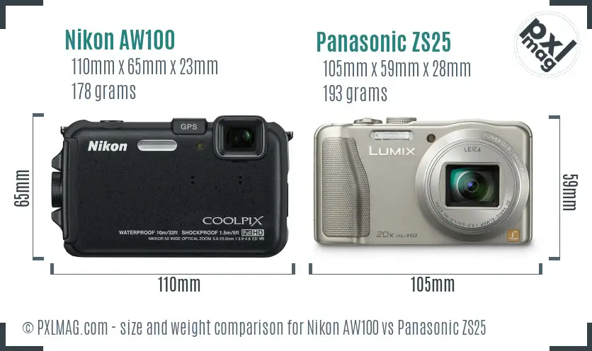 Nikon AW100 vs Panasonic ZS25 size comparison