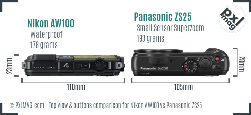 Nikon AW100 vs Panasonic ZS25 top view buttons comparison